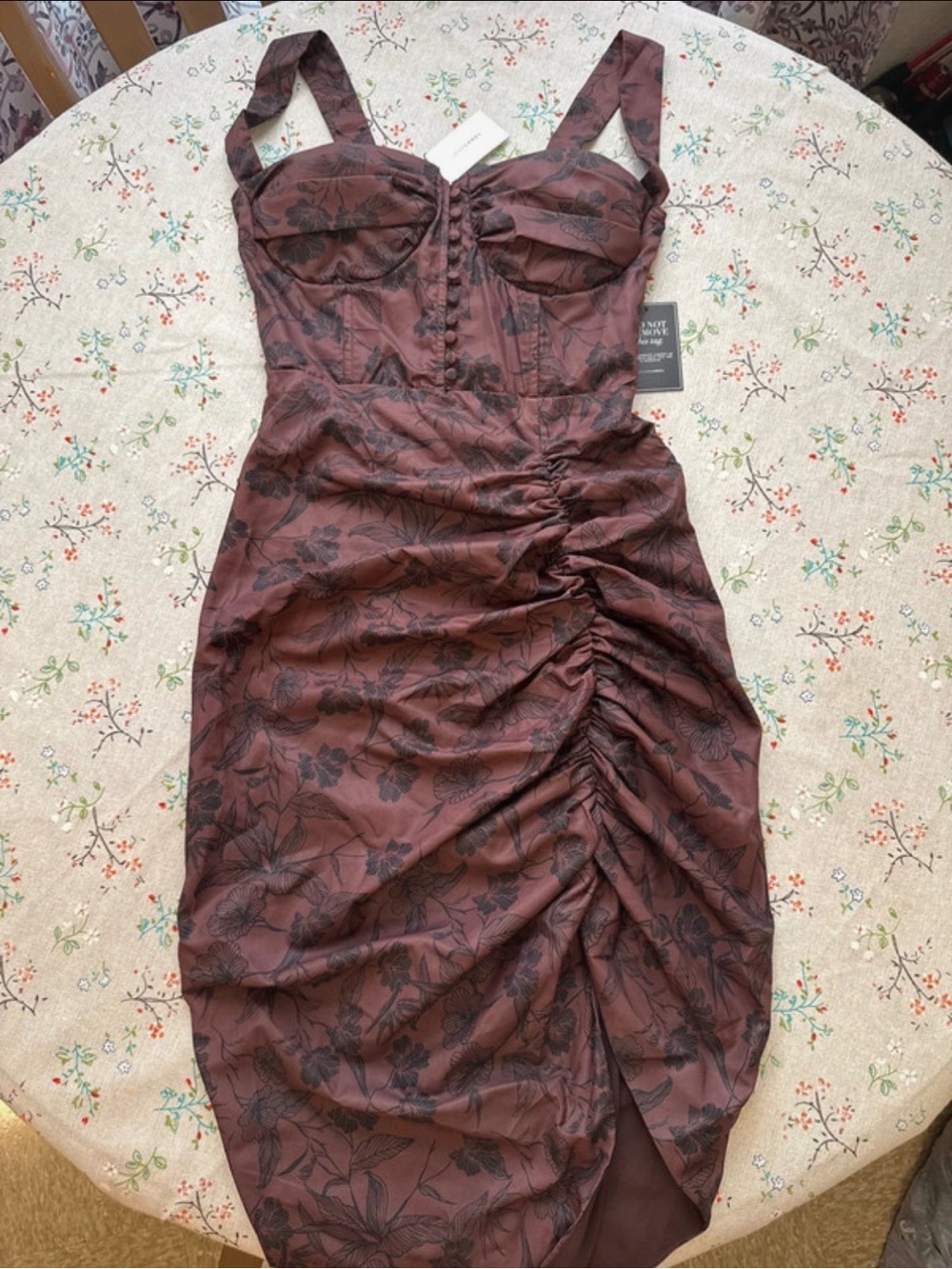 JLUXLABEL Brown Floral Ruched Bustier Midi Dress